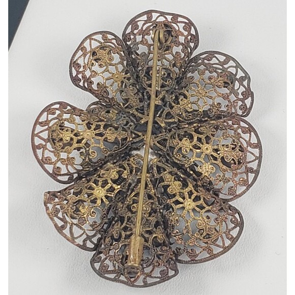 Antique Czech Art Deco Large Blue Glass Gold Tone Filigree Brooch - Picture 15 of 16